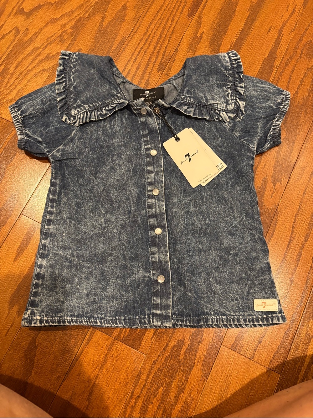 7 For All Mankind Girls' Washed Blue Denim Ruffle Collar Button-Down Top
